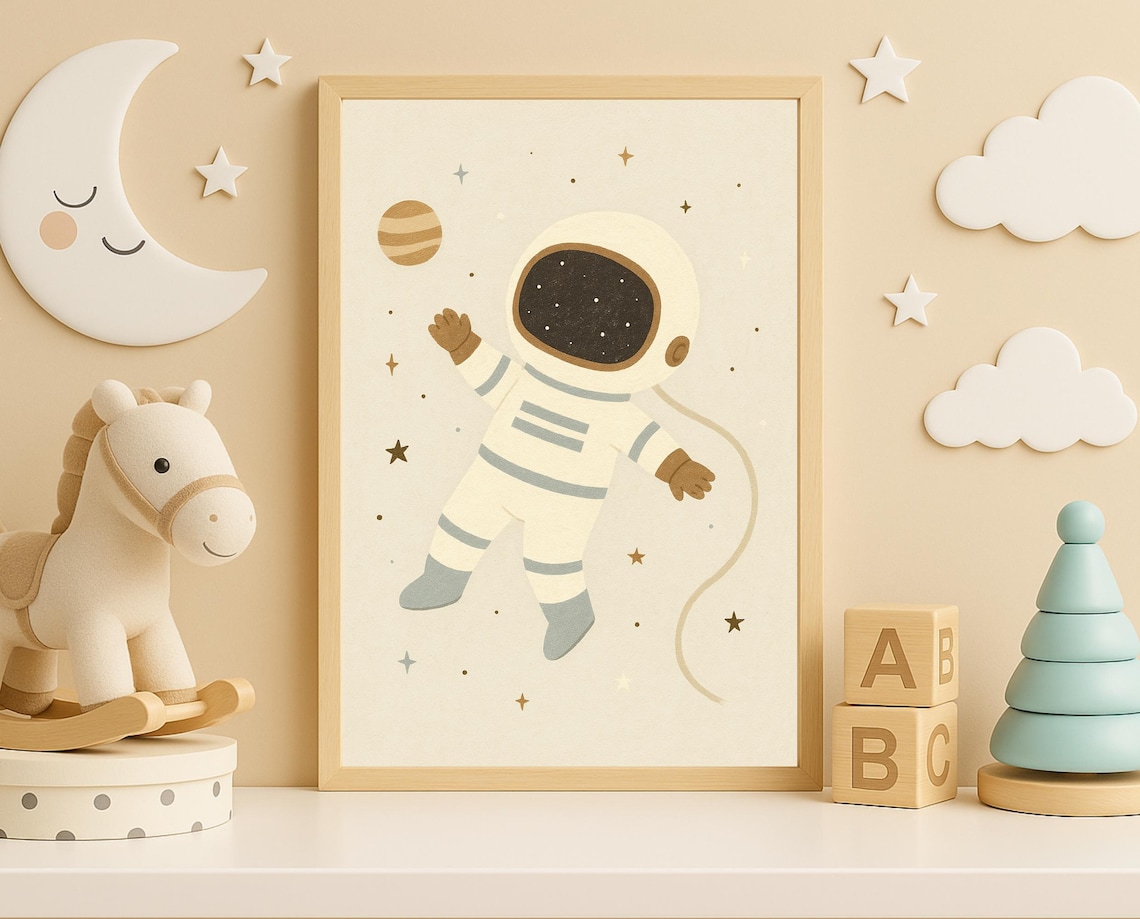 Cute Astronaut Floating In Space Stars Planet Kids Room Poster