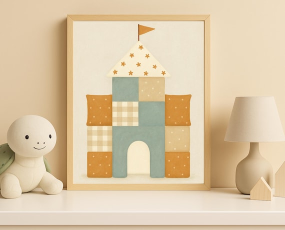 Patchwork Toy Block Castle With Flag Playful Kids Room Poster