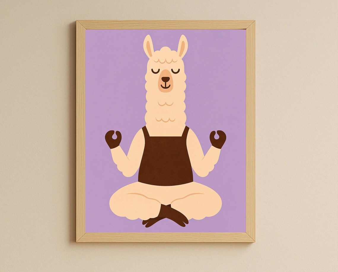 Yoga Llama Meditation Poster Lotus Pose Zen Animal Nursery Kids Decor
