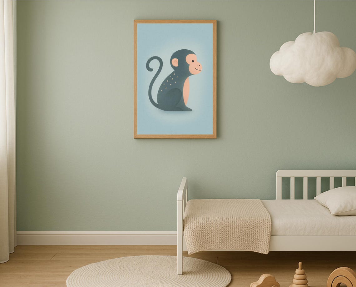 Monkey Nursery Wall Art Cute Print Genderneutral Kids Room Decor Instant