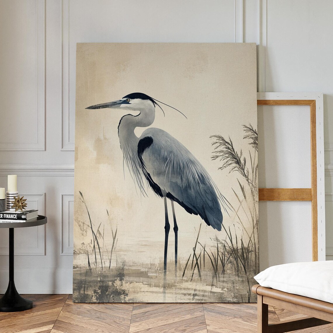 Gray Heron In Reeds Monochrome Ink Wash Minimalist Art Poster
