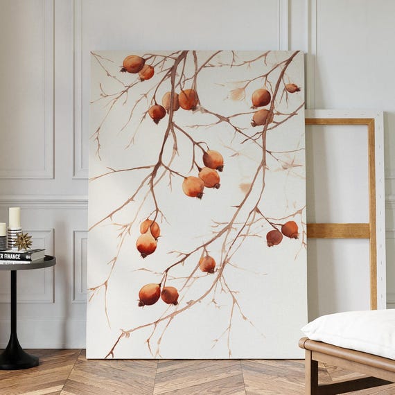 Minimal Botanical Art Print, Neutral Autumn Rose Hips