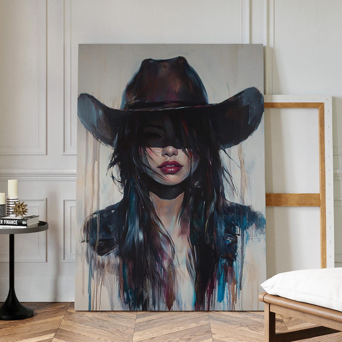 Cowgirl Portrait Canvas Bold Western Woman In Shadowed Hat Dripping Paint Texture Rustic Modern Boho Wall Art Statement