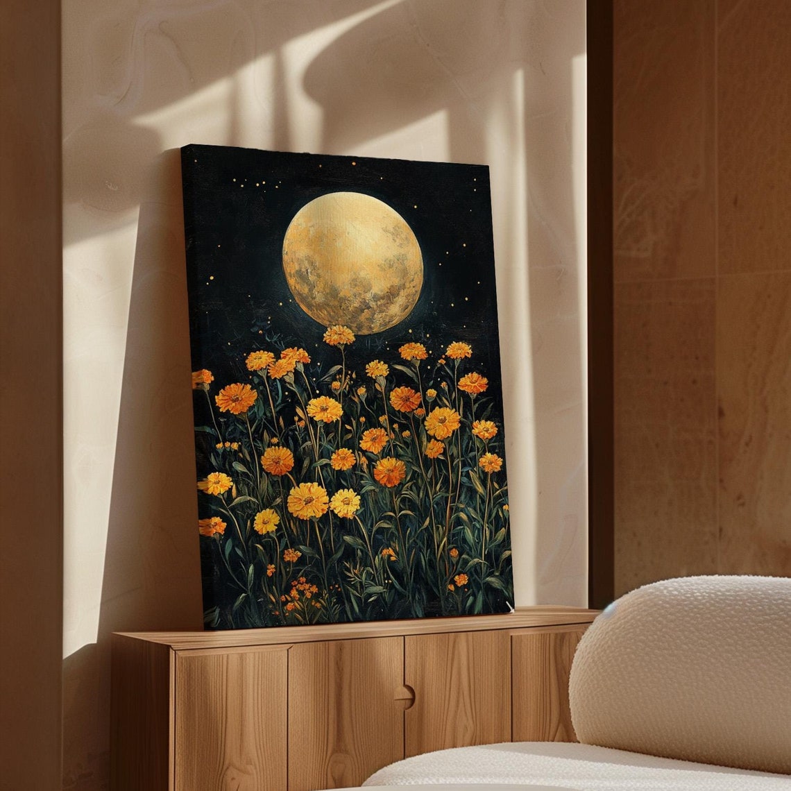 Golden Full Moon Over Marigold Field Starry Night Floral Poster