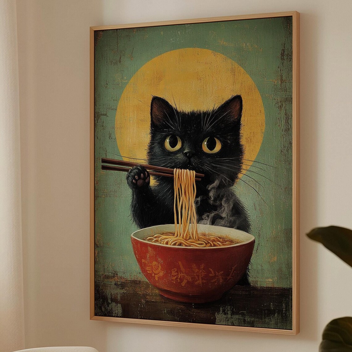 Black Cat Eating Ramen With Chopsticks Funny Kitchen Art Poster