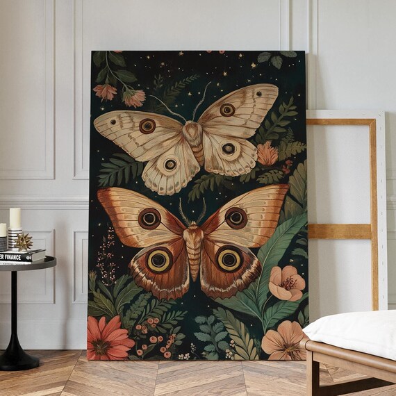 Celestial Eyed Moths On Starry Night Foliage Vintage Insect Wall Art