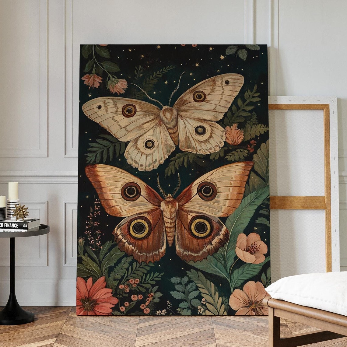 Celestial Eyed Moths On Starry Night Foliage Vintage Insect Wall Art