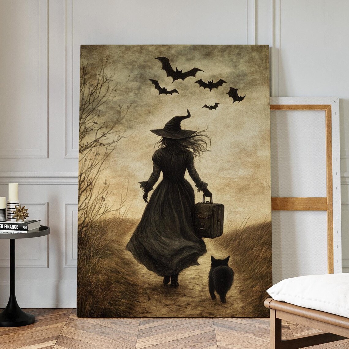 Witch Walking With Black Cat Bats Vintage Spooky Gothic Halloween Poster