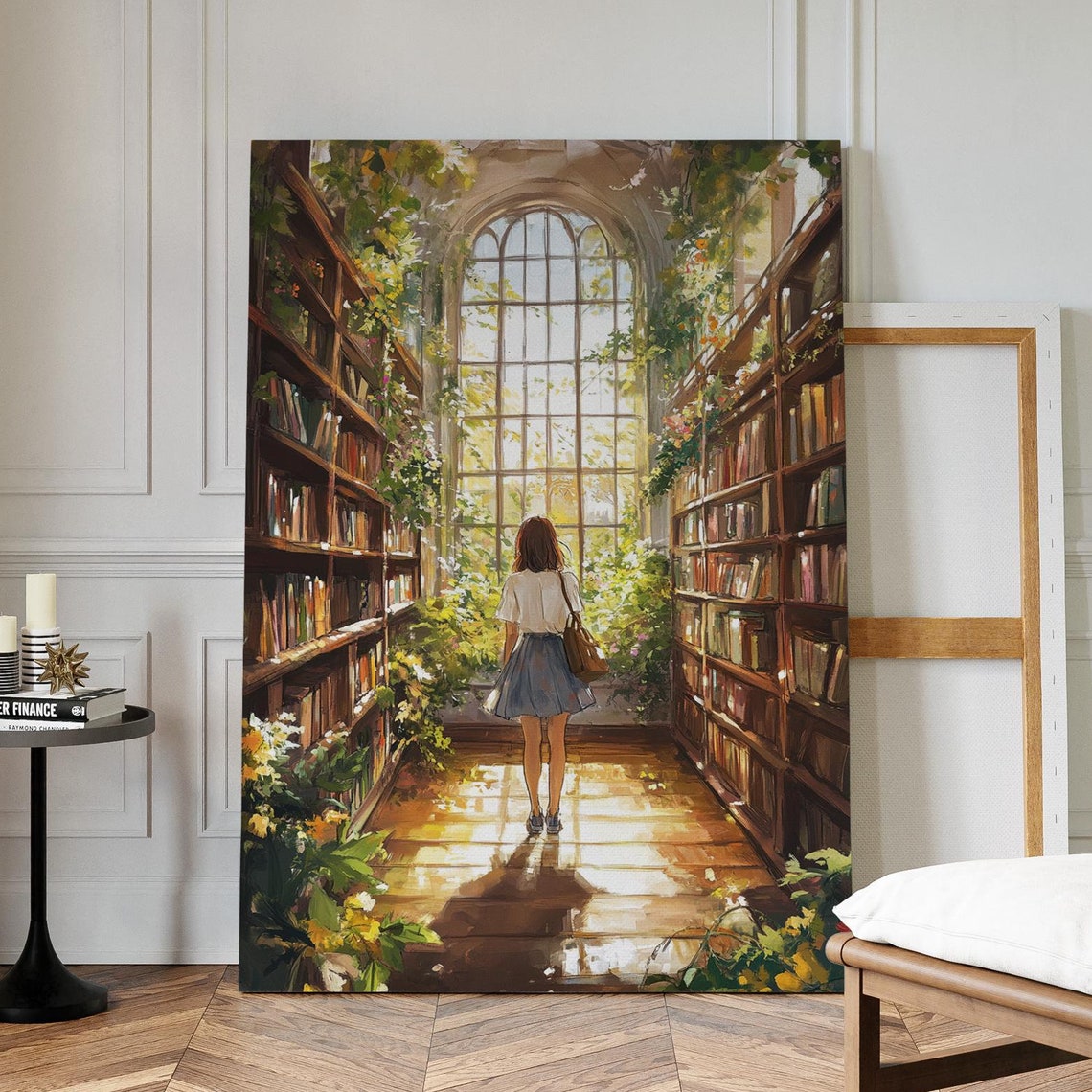 Woman Walking Toward Arched Window In Sunlit Botanical Library Poster