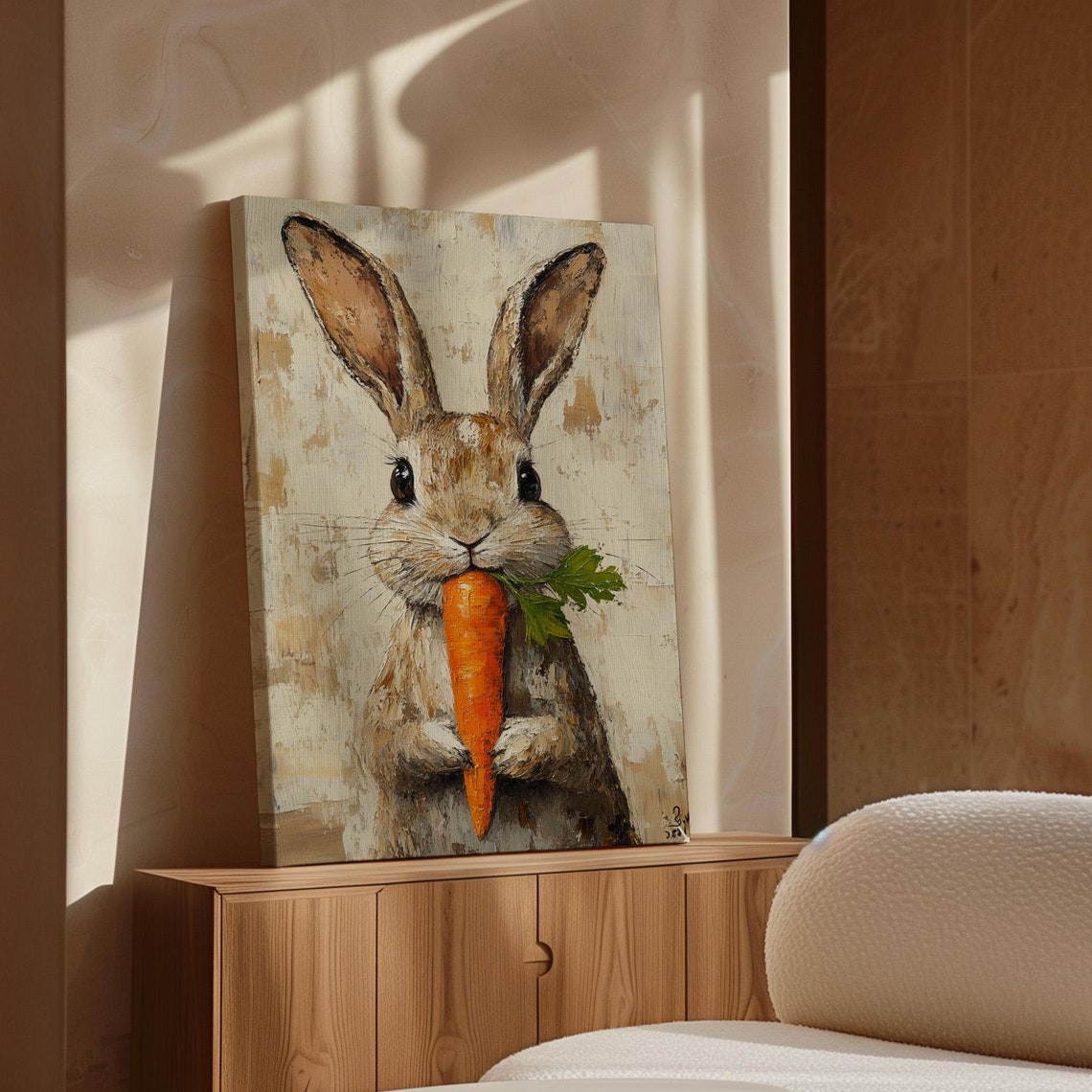 Adorable Bunny Munching a Carrot on Rustic Beige Canvas Poster