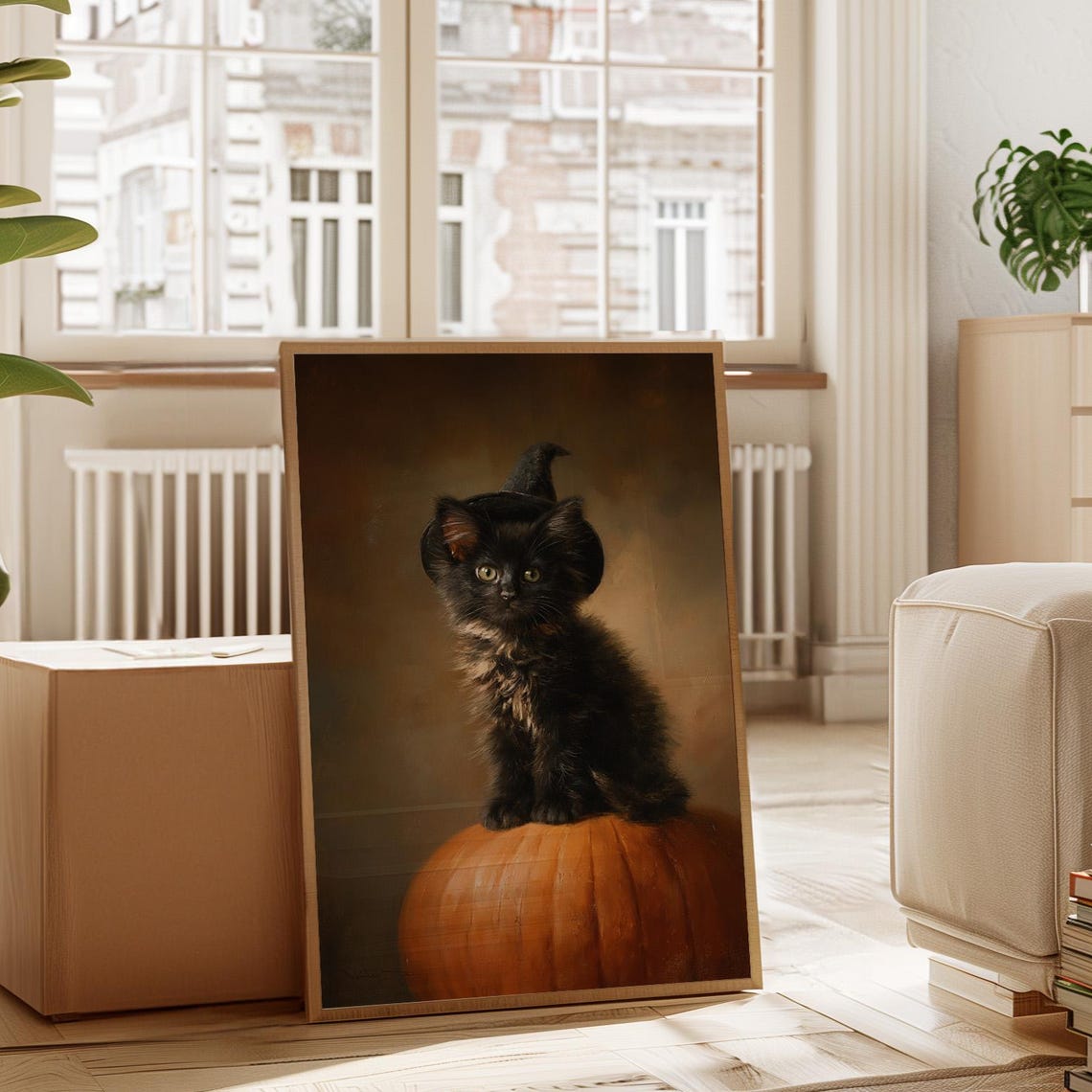 Black Kitten in Witch Hat on Pumpkin Halloween Portrait Poster