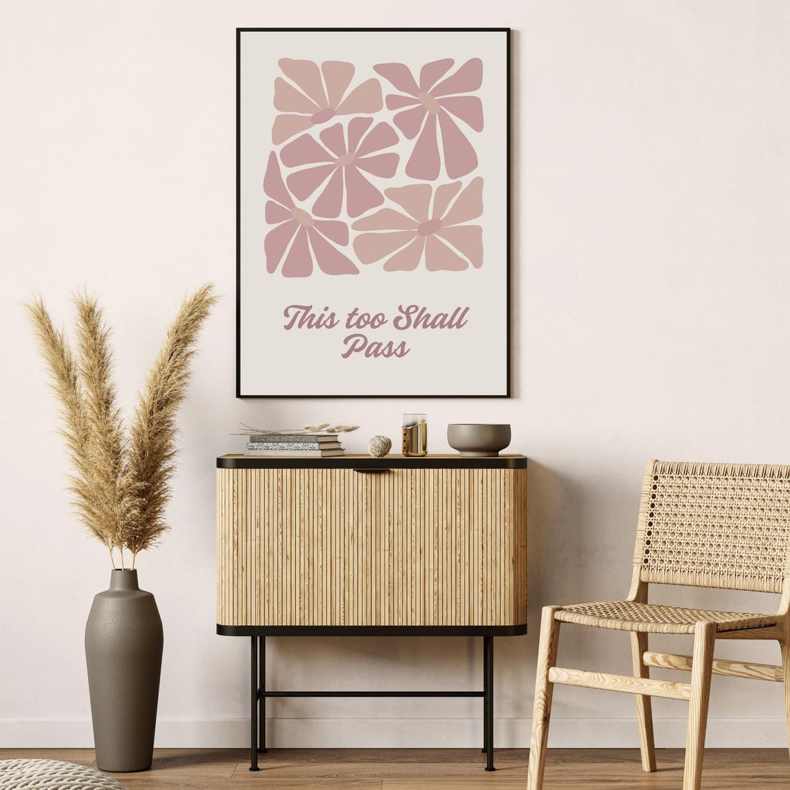This Too Shall Pass Quote Retro Mauve Floral Comforting Wall Art - Image 2