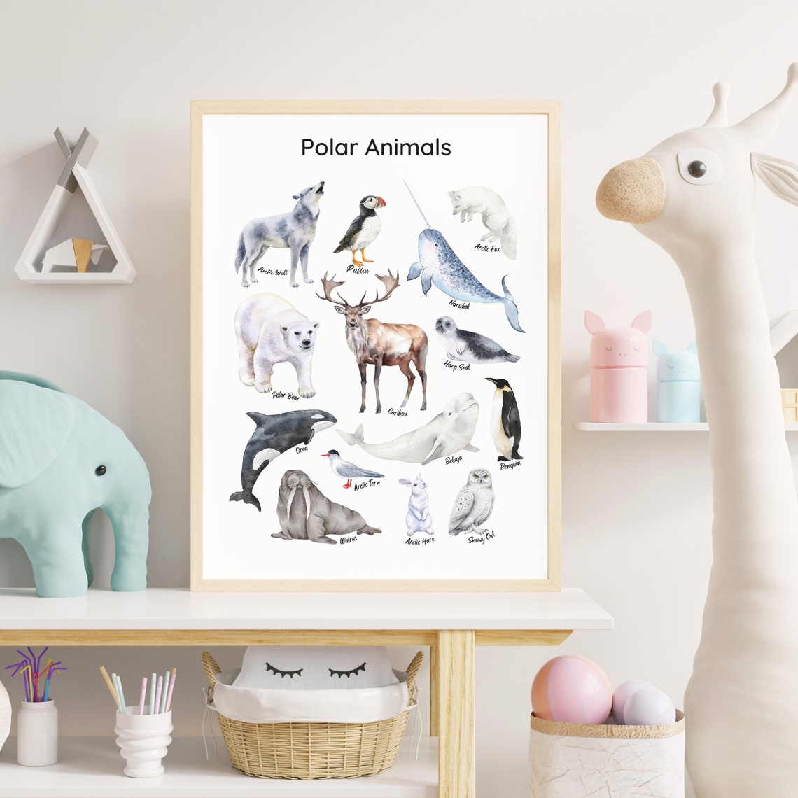 Polar Animals Watercolor Chart Polar Bear Penguin Narwhal Kids Poster - Image 5