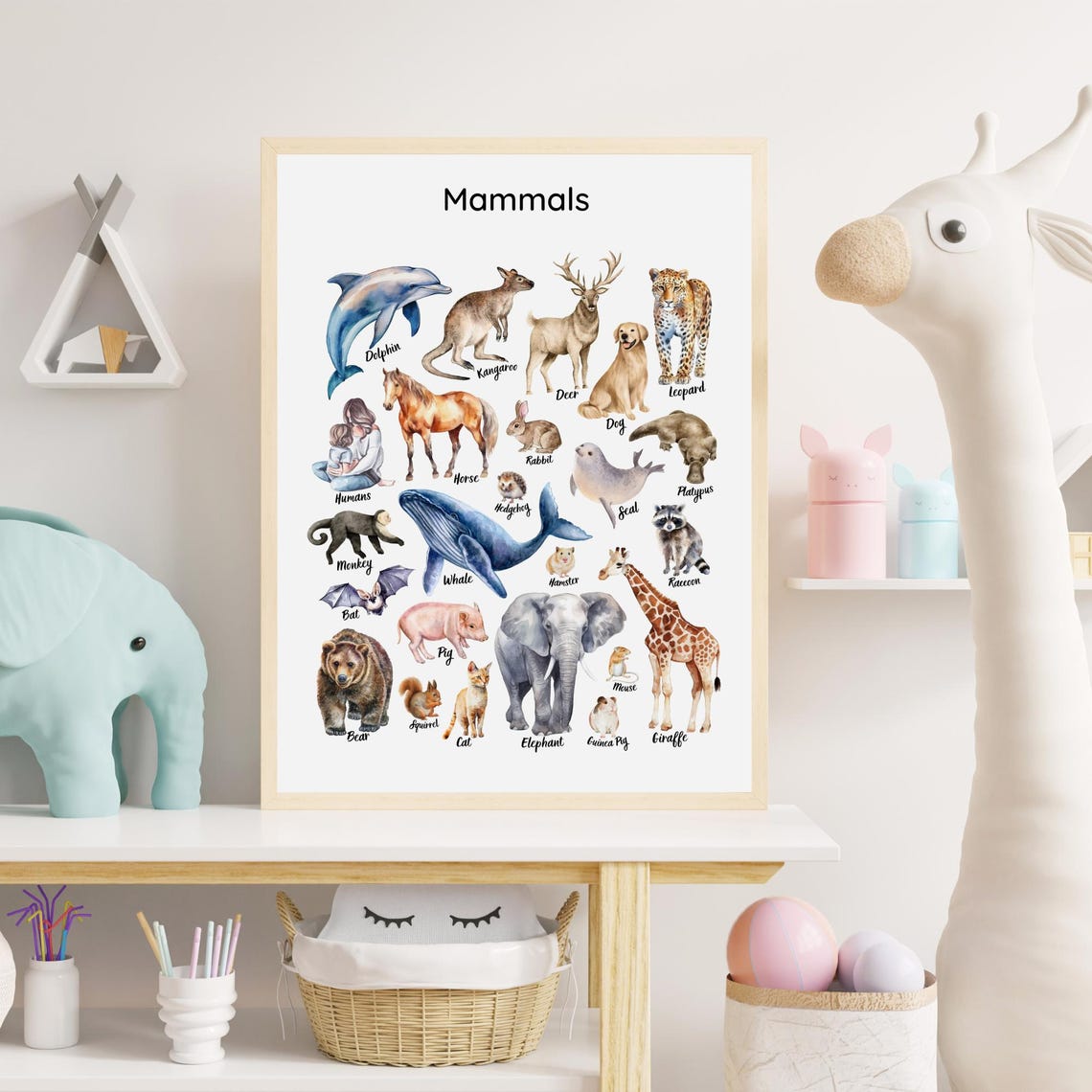 Mammals Educational Chart Watercolor Animals Elephant Whale Poster - Image 4