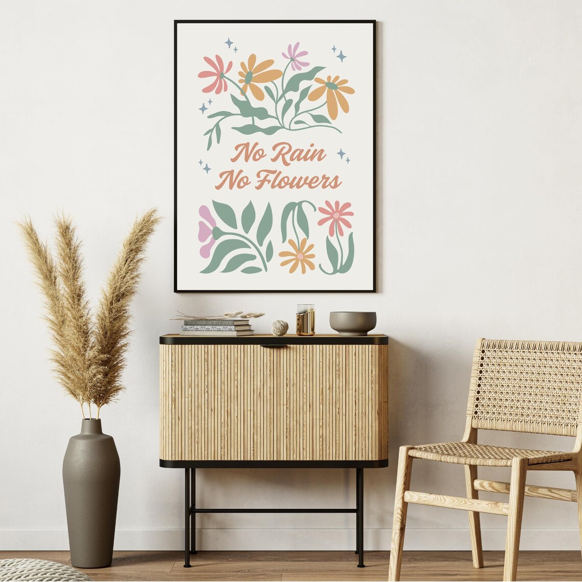 No Rain No Flowers Retro Floral Quote Art Print - Image 5