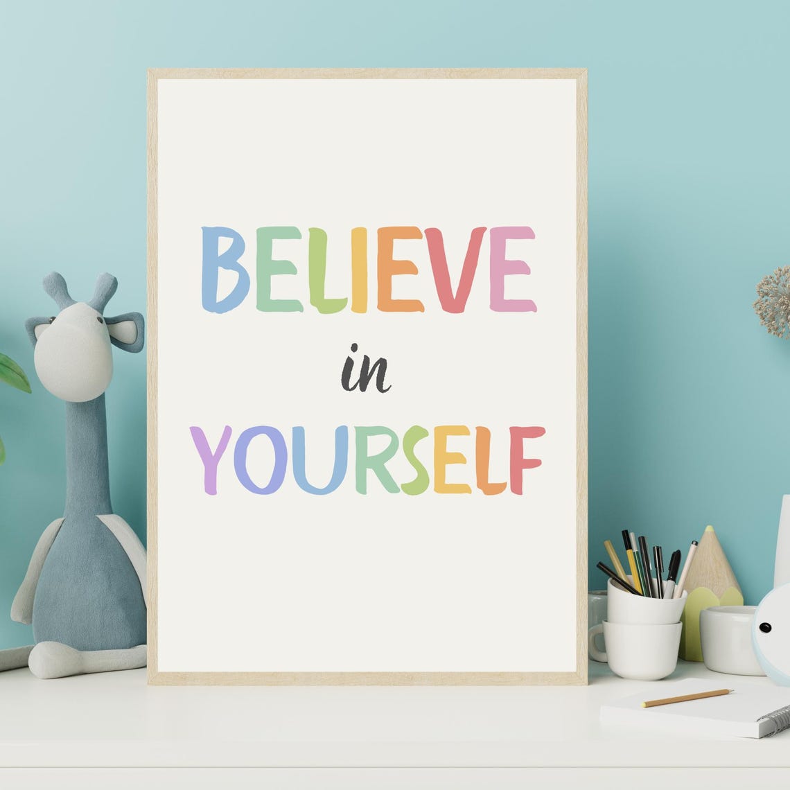 Believe in Yourself Rainbow Pastel Letters Motivational Quote Poster - Image 5