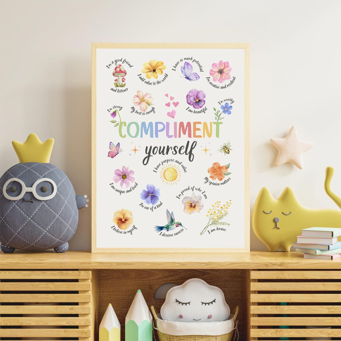 Compliment Yourself Floral Affirmations Chart Self Esteem Kids Poster - Image 3
