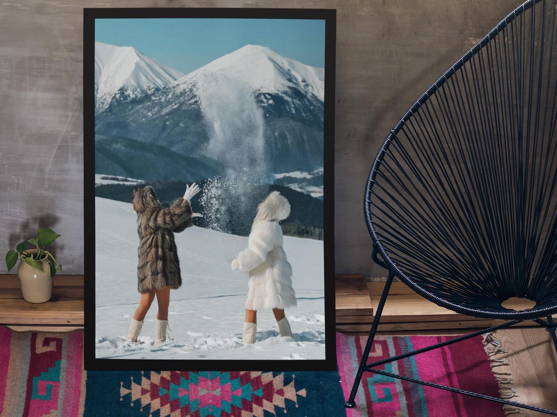 Two Friends In Fur Coats Playing In Snowy Mountain Fun Poster - Image 3
