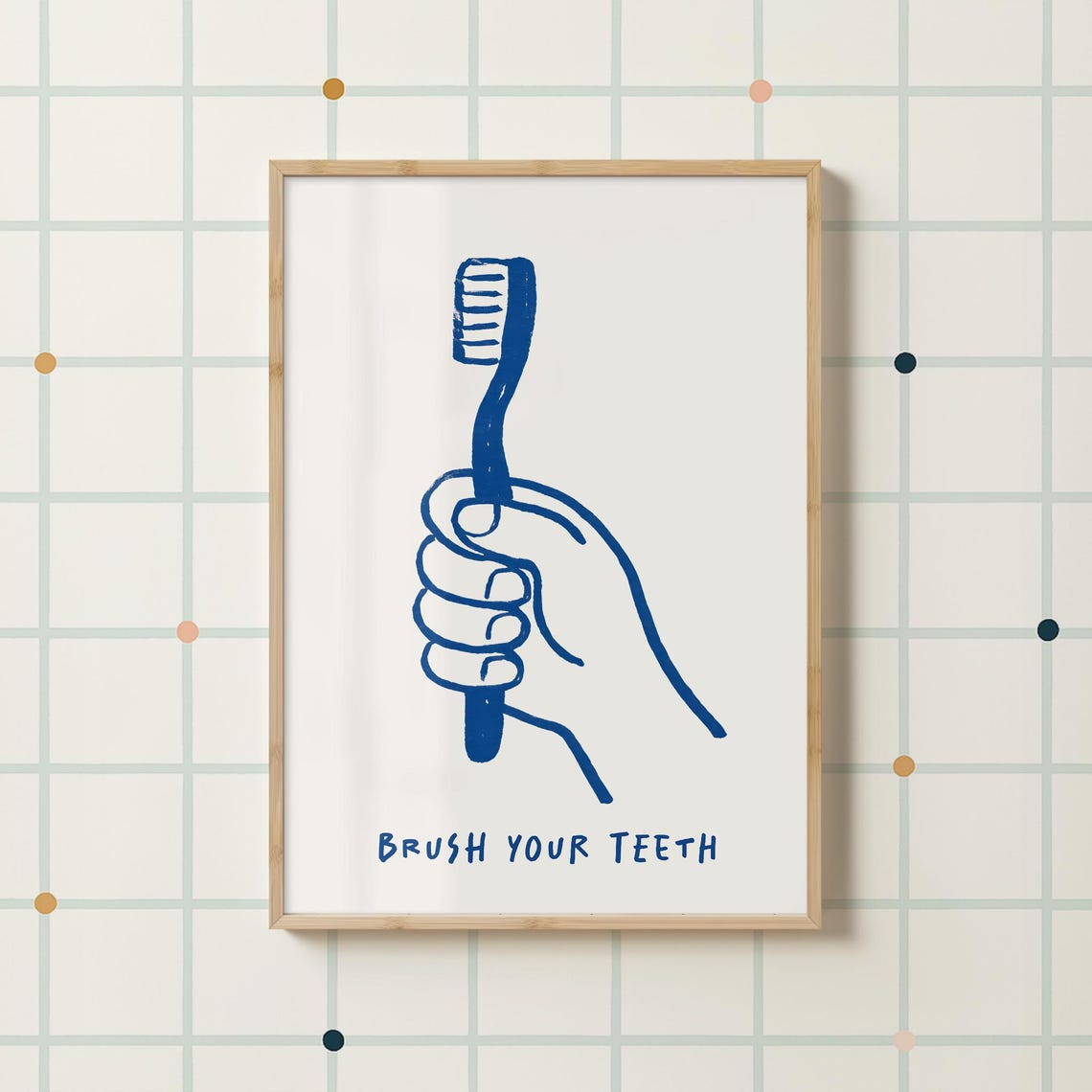Quirky Brush Your Teeth Print Blue Kids Bathroom Nursery Playroom Eclectic Prints Doodle
