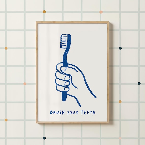 Brush Your Teeth Blue Line Art Kids Bathroom Fun Minimal Print