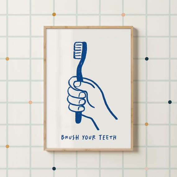 Quirky Brush Your Teeth Print Blue Kids Bathroom Nursery Playroom Eclectic Prints Doodle