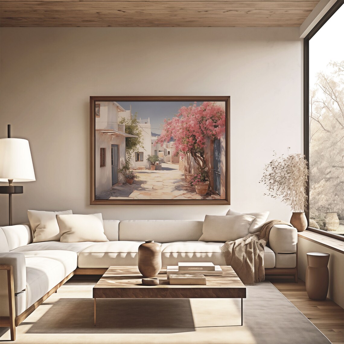 Greek Island Alley with Pink Bougainvillea Oil Painting Poster - Image 4