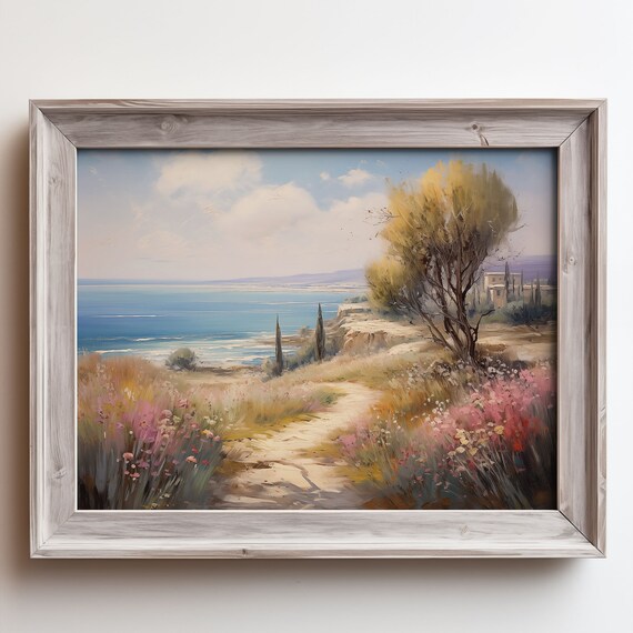 Pink Wildflower Path to Sea Painting Cypress Cliff Villa Poster