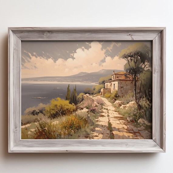 Stone Villa Seaside Sunset Painting Cypress Cliff Ocean Path Poster