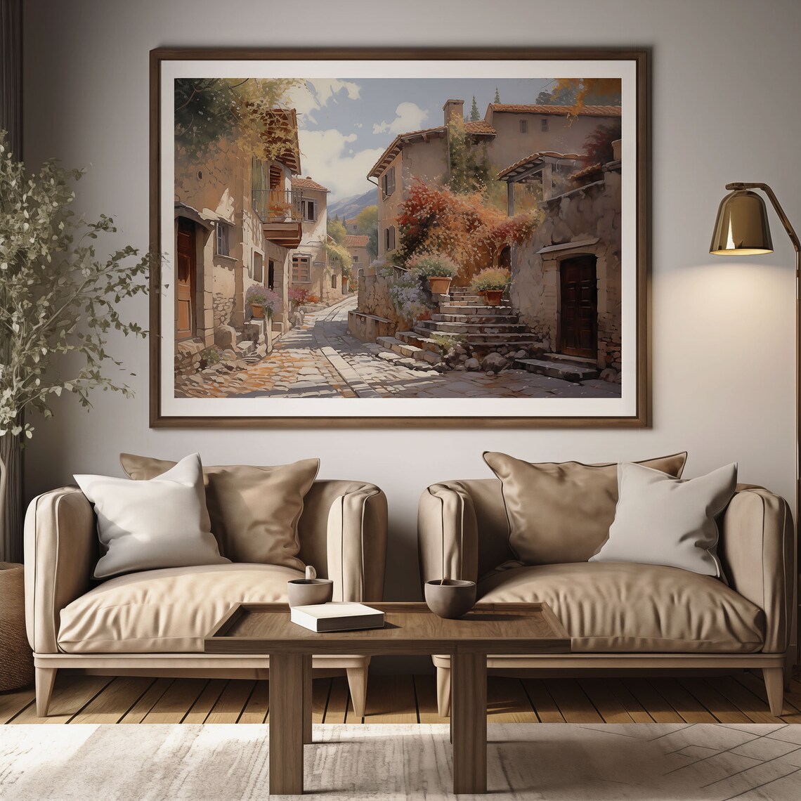 European Old Town Cobblestone Street Oil Painting Style Poster - Image 2