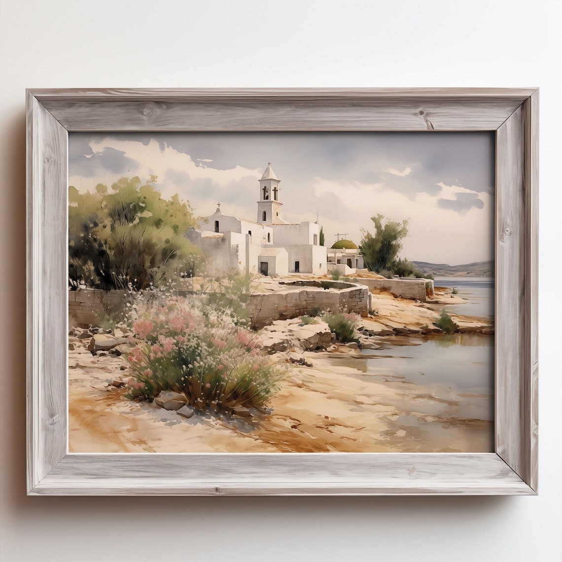 Coastal White Church Bell Tower Rocky Shore Lagoon View Poster