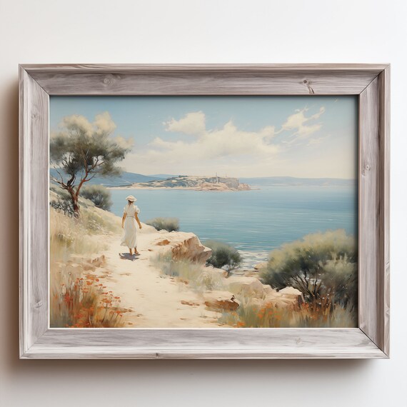 Woman Walking Seaside Path in White Dress Oil Painting Poster