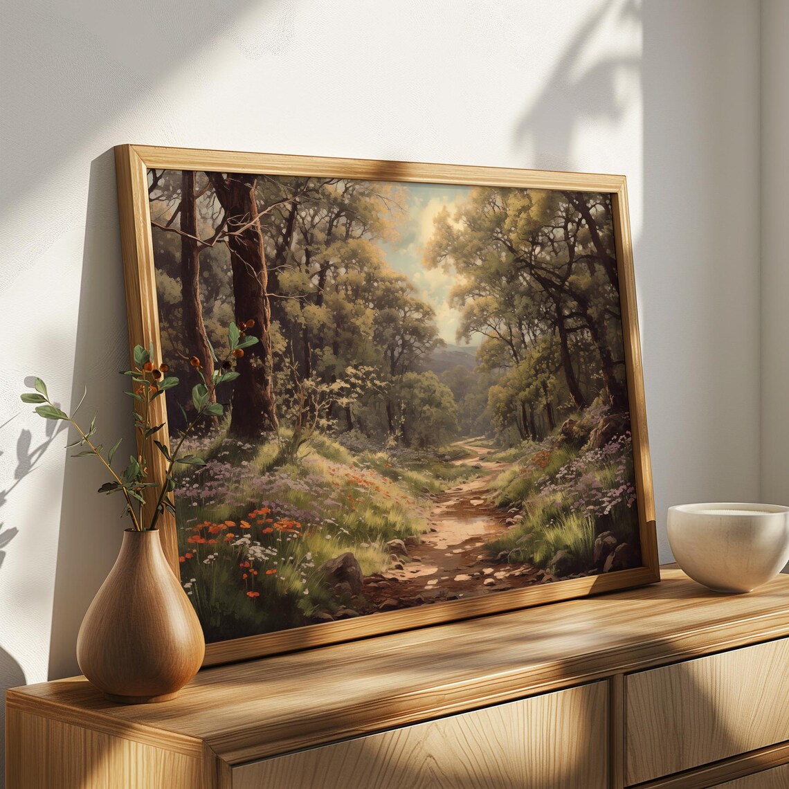 Sunlit Woodland Trail With Wildflowers Under Tall Oaks Vintage Poster - Image 4