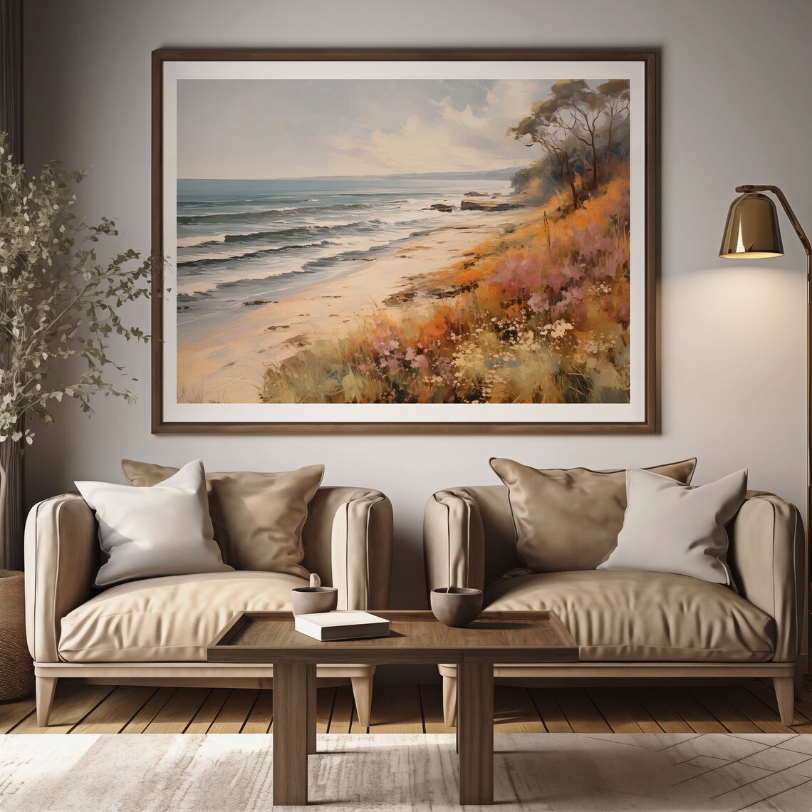 Sandy Beach Waves Wildflower Dune Ocean View Oil Painting Poster - Image 2