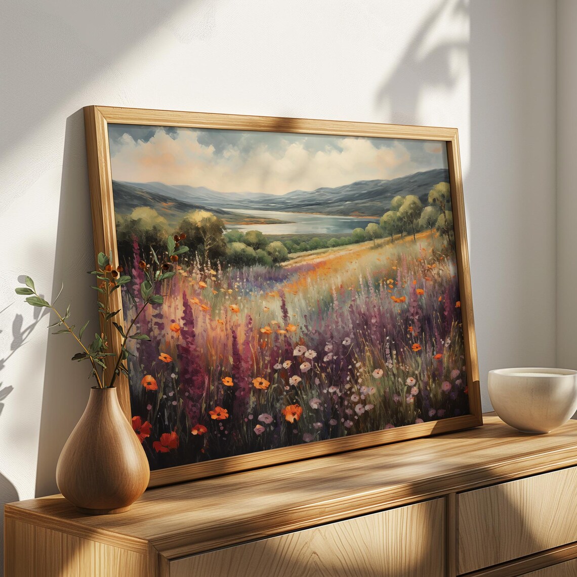 Purple Wildflower Meadow Orange Poppies Lake Hills Oil Painting Poster - Image 4
