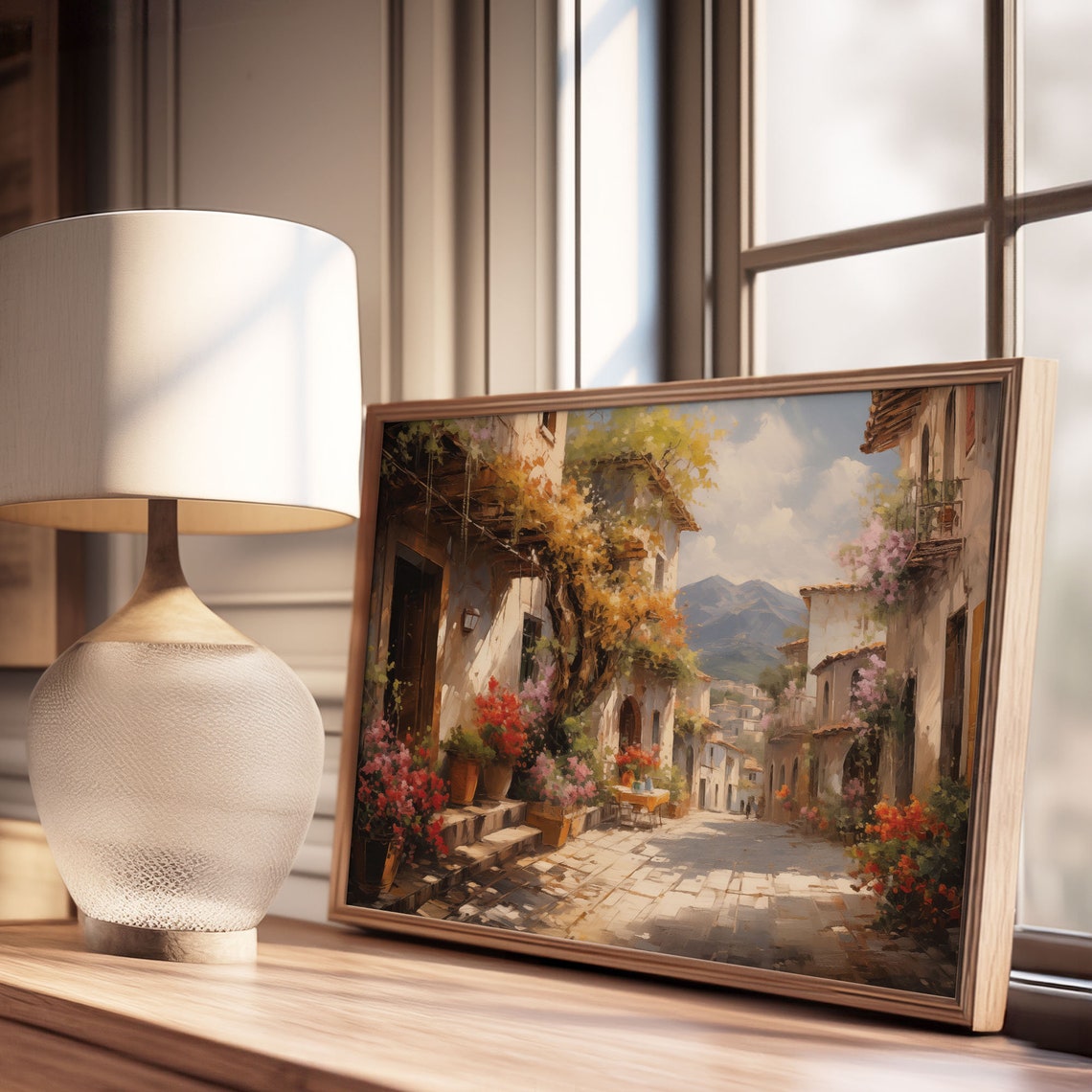 Mediterranean Street With Flowering Bougainvillea Mountains Poster - Image 3