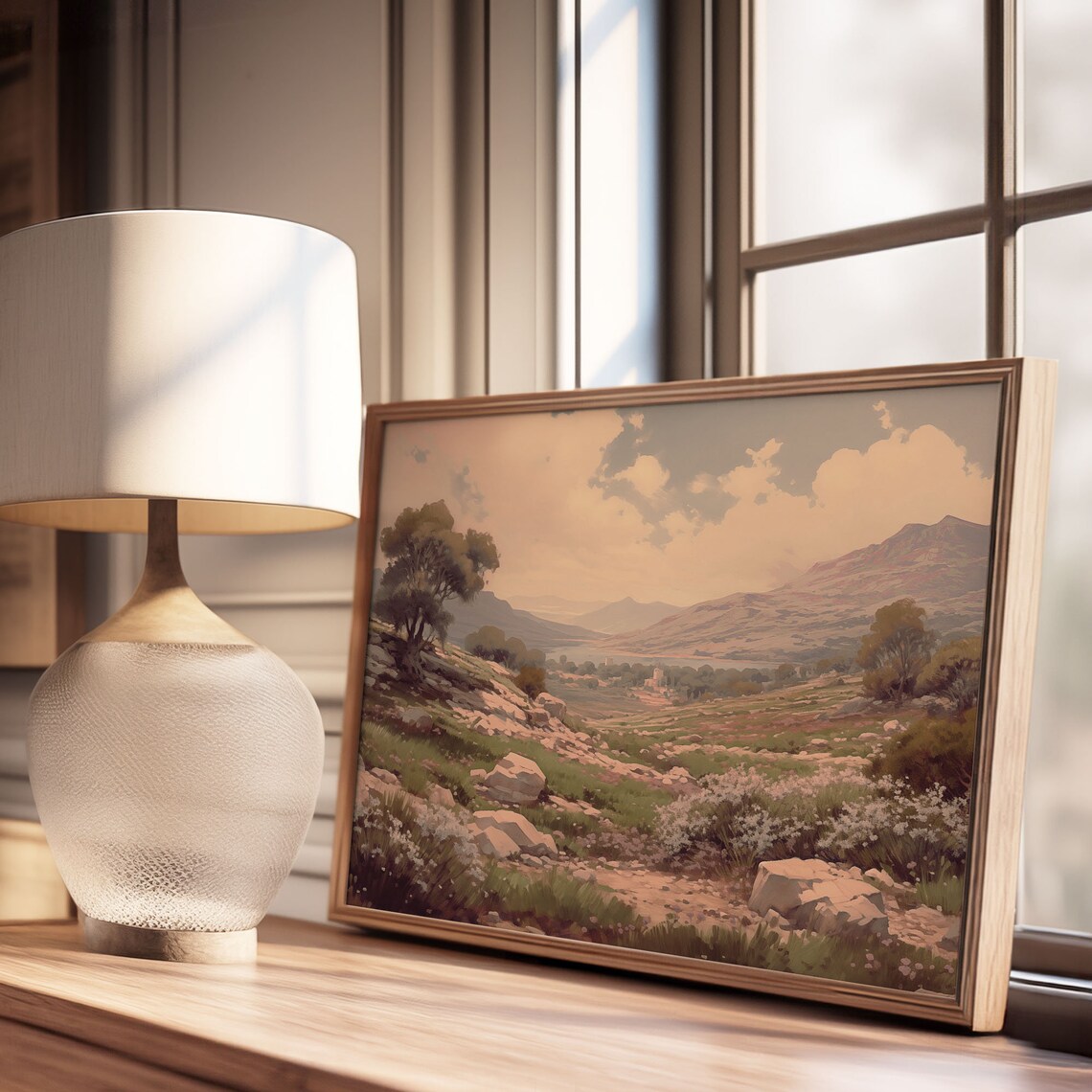 Rocky Valley with Wildflowers Under Golden Sky Oil Painting Poster - Image 3
