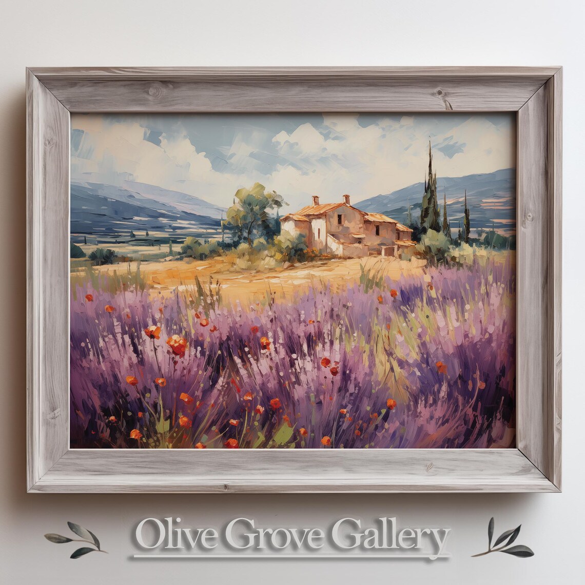 Purple Lavender Field Bloom Farmhouse Mountain Landscape Poster