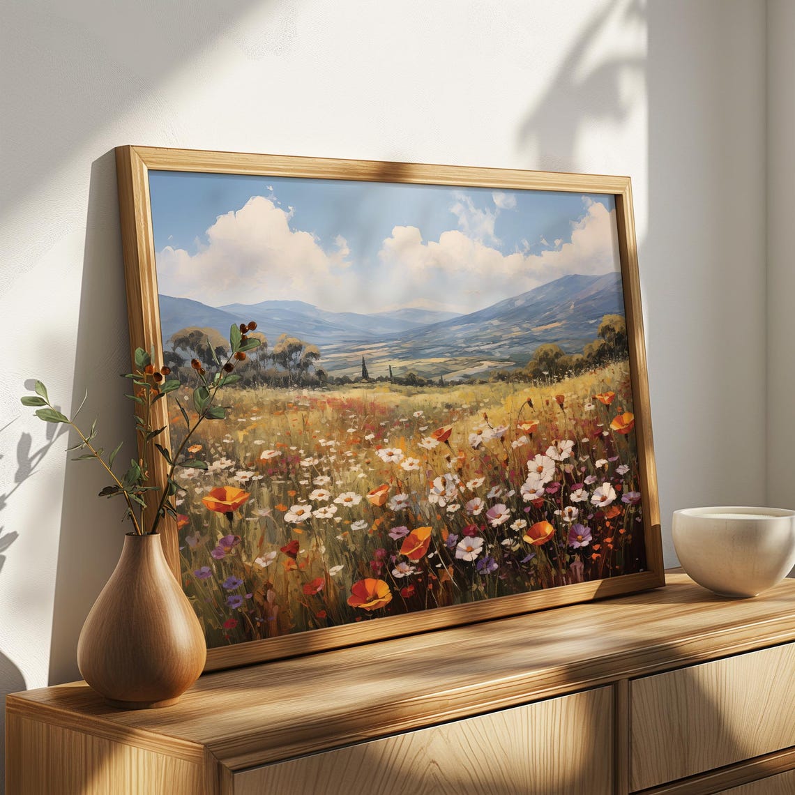 Wildflower Meadow Poppies Daisies Valley Hills Oil Painting Poster - Image 4