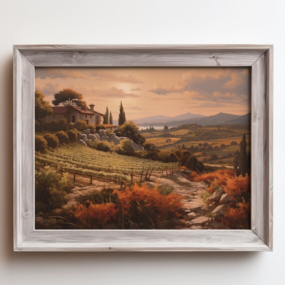 Tuscan Vineyard Sunset Golden Rolling Hills Farmhouse Poster