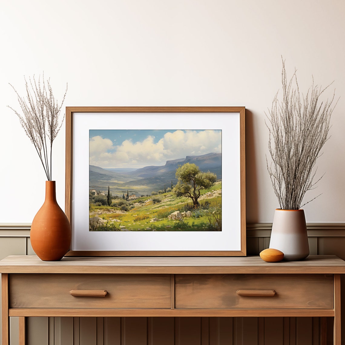 Mediterranean Valley Olive Tree Painting Village Mountain View Poster - Image 2