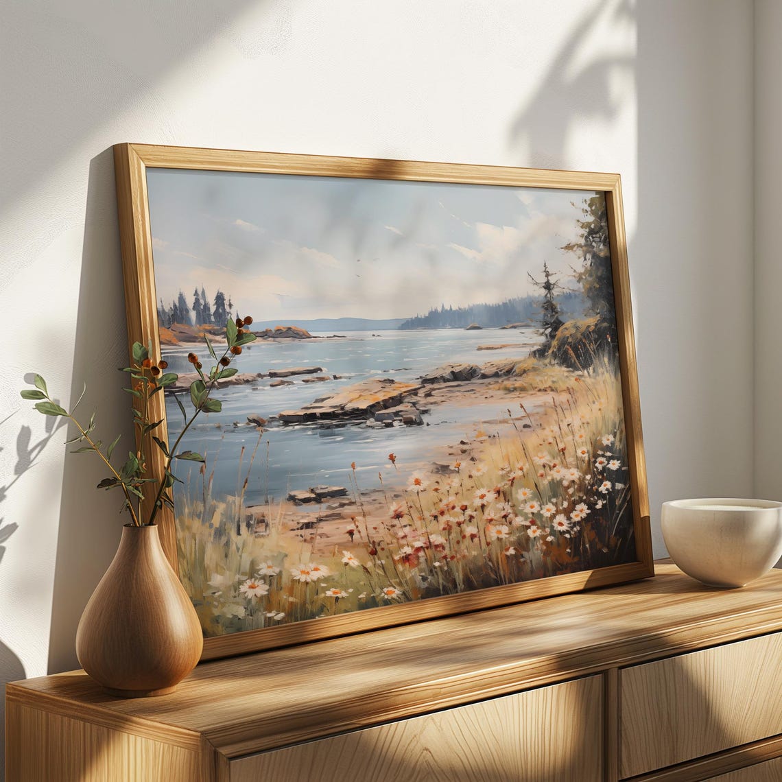 Tranquil Coastal Scene Painting Seaside Daisy Meadow Ocean View Poster - Image 4