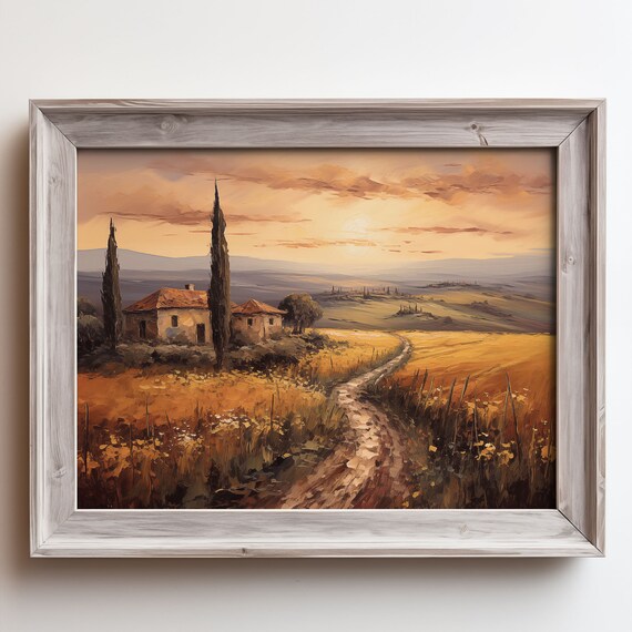 Tuscan Sunset Farmhouse Cypress Wheat Field Path Oil Painting Poster