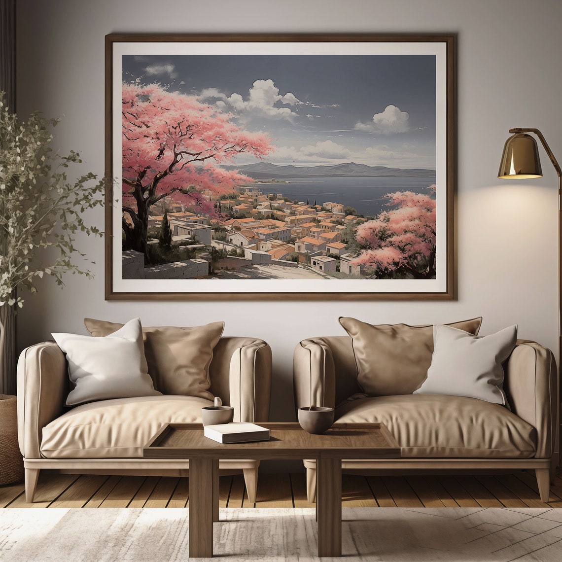 Springtime Pink Blossom Trees Coastal Town Bay Mountain View Poster - Image 2