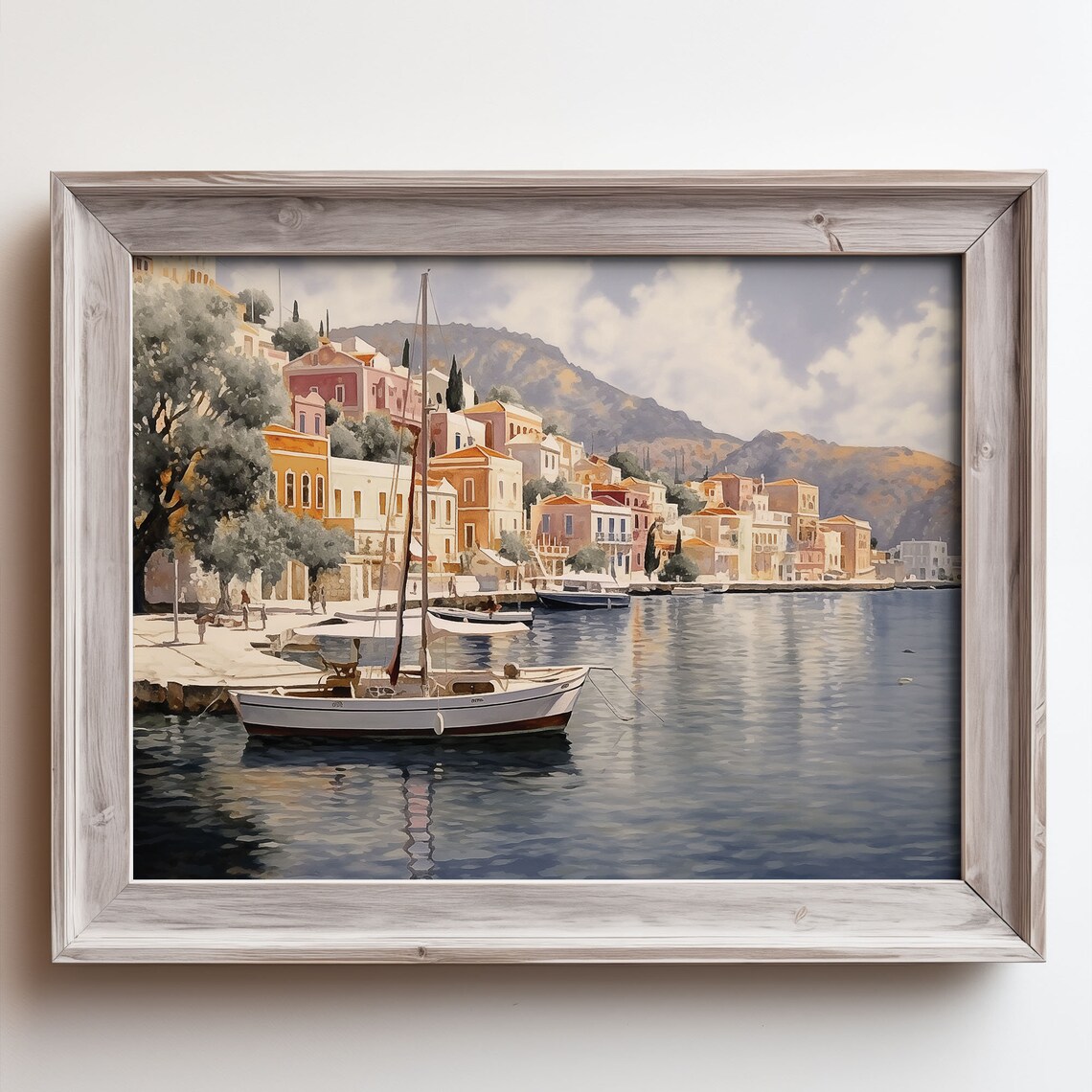 Mediterranean Harbor Sailboat Waterfront Oil Painting Poster