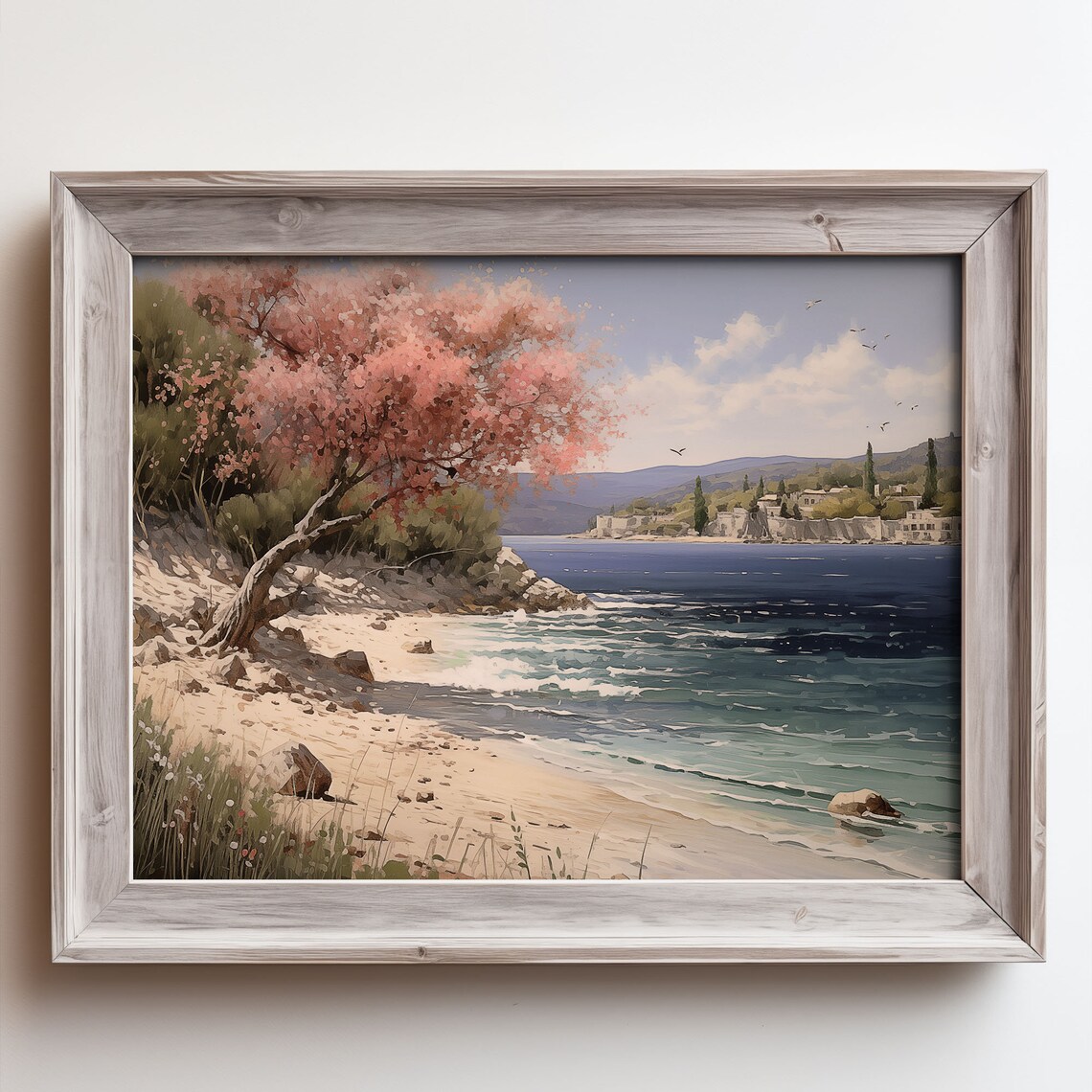 Pink Blossom Tree on Sandy Beach with Turquoise Sea Waves Poster