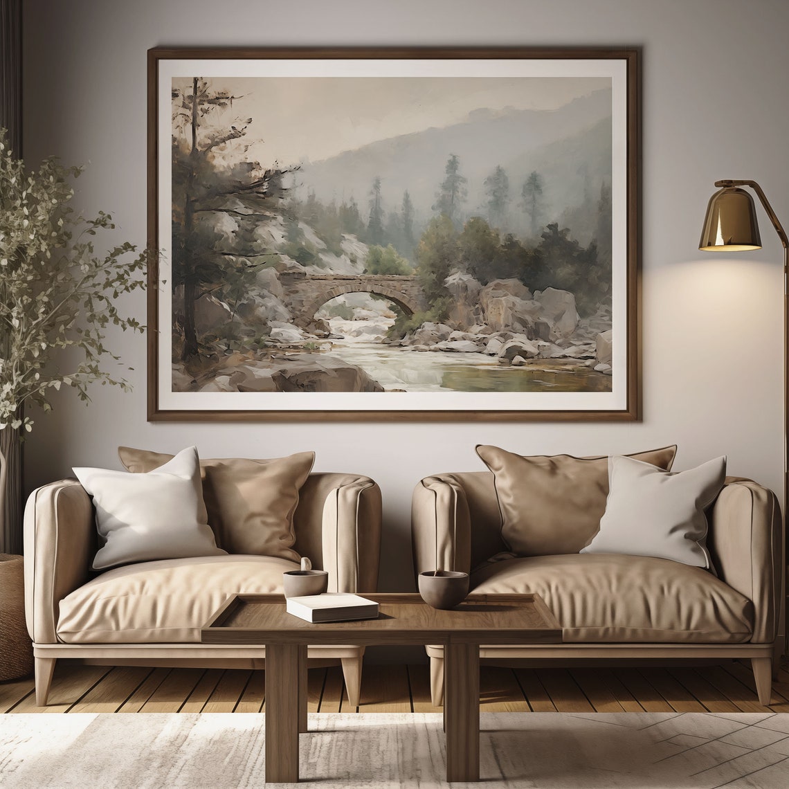 Misty Mountain River with Old Stone Bridge Oil Painting Poster - Image 3