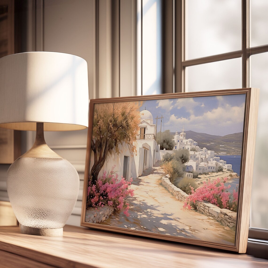 Santorini White Village Lane Pink Flowers Blue Domed Church Poster - Image 3