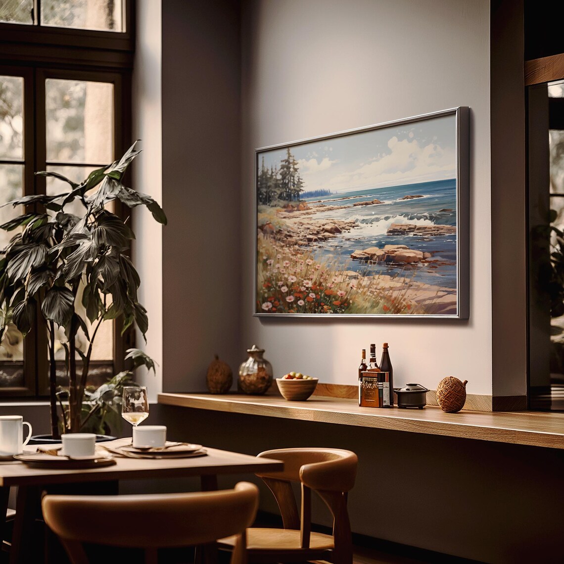 Rocky Coastal Shoreline Pine Trees Wildflower Oil Painting Poster - Image 2