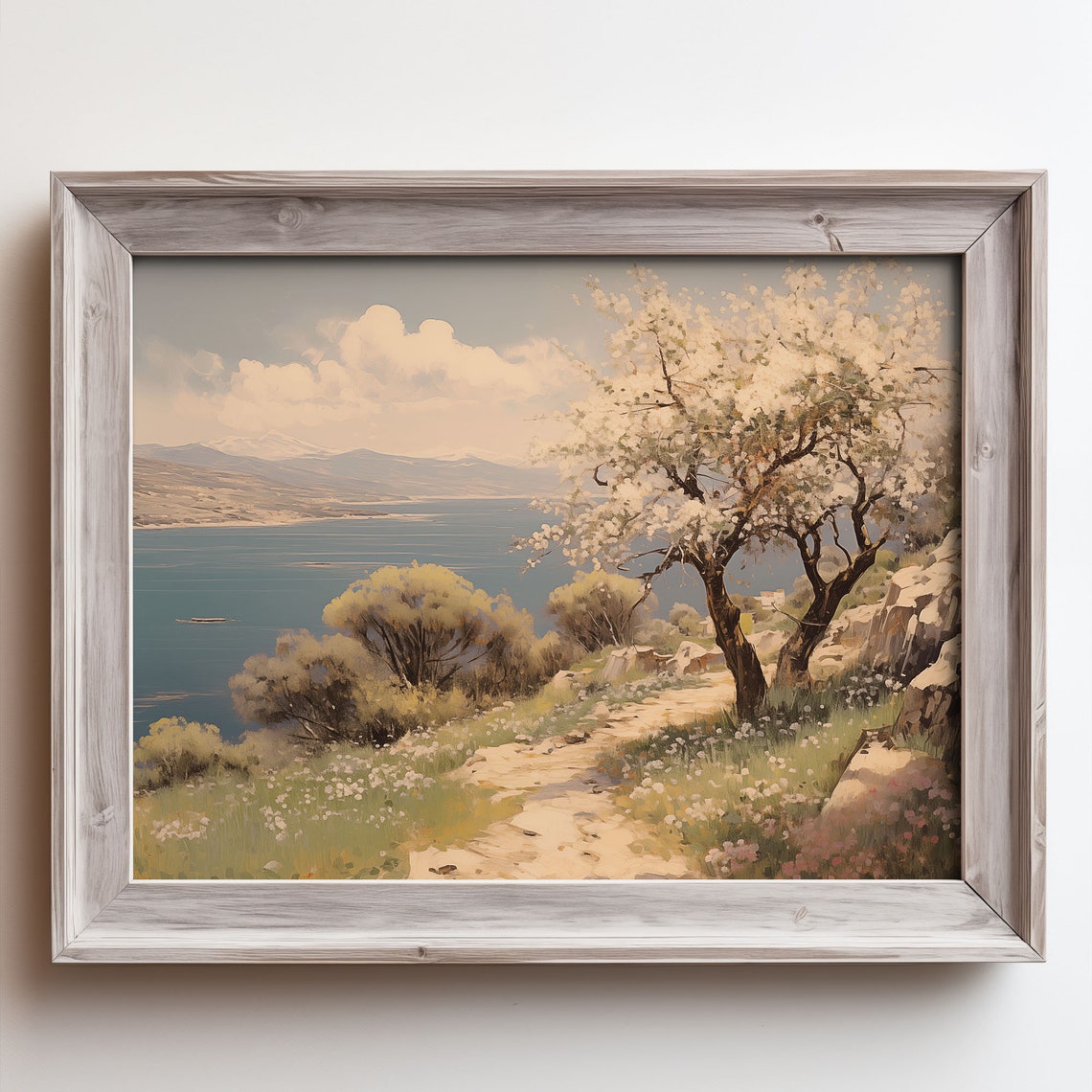 White Blossom Tree on Hillside Path Above the Bay Oil Painting Poster