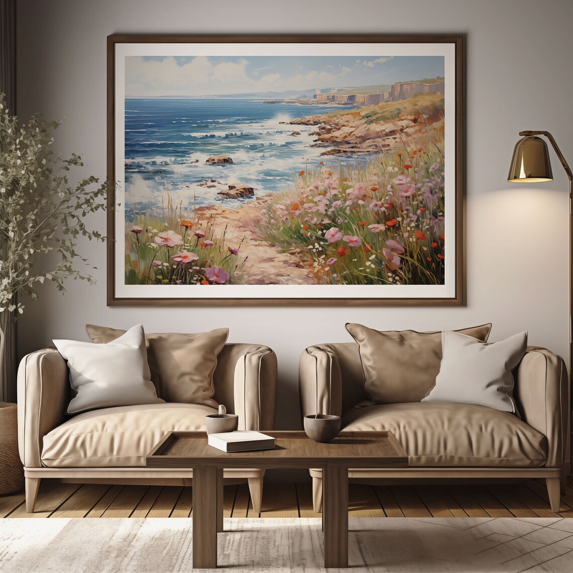 Ocean Cliff Waves Coastal Wildflowers Seascape Oil Painting Poster - Image 2